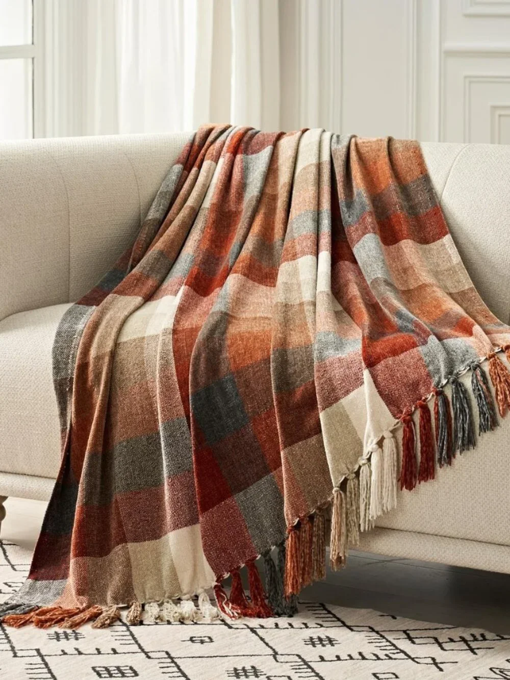 Plaid Chenille Fall Throw Blanket, 50"x60", Harvest Orange Plaid